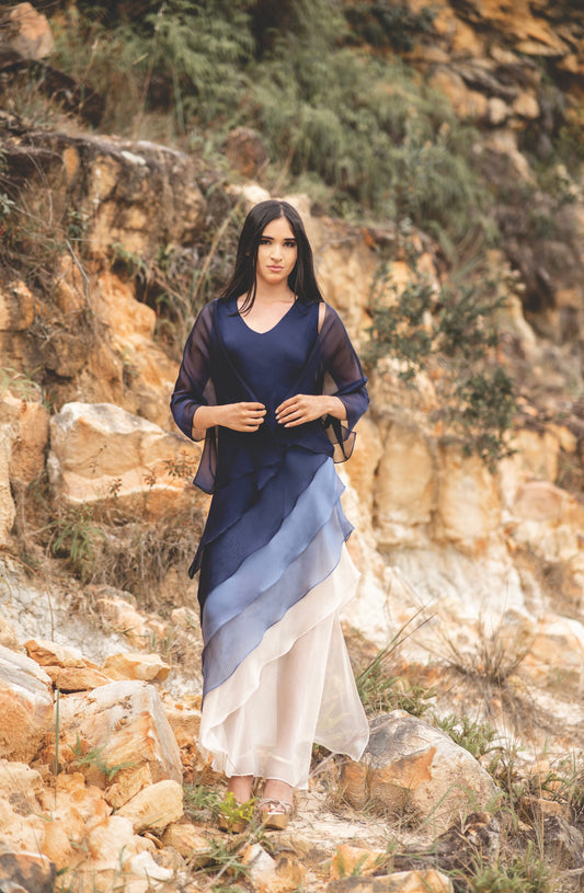 Vestido Elegante en Chiffón Azul Degradé para Mujer [03-811]