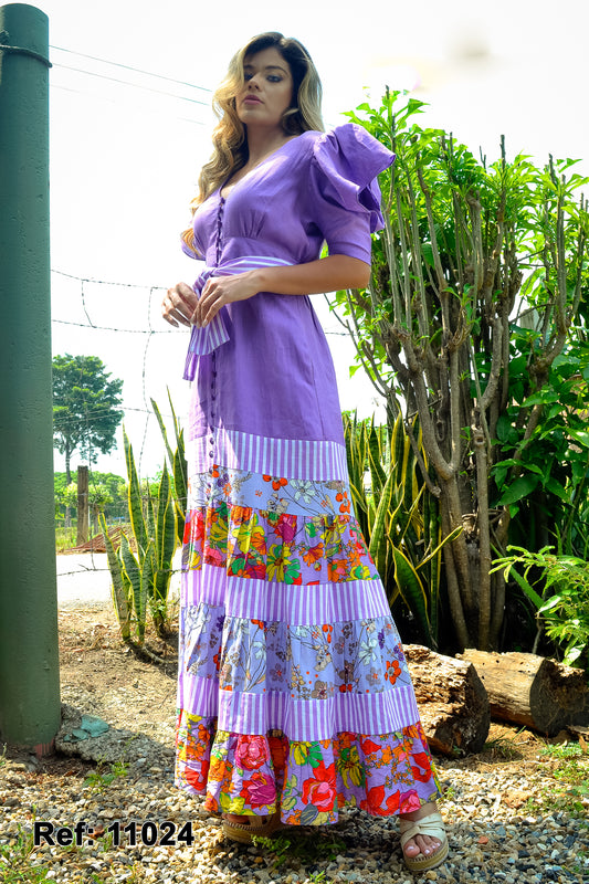 Maxi vestido print bloques en lino color Lila [11024L]