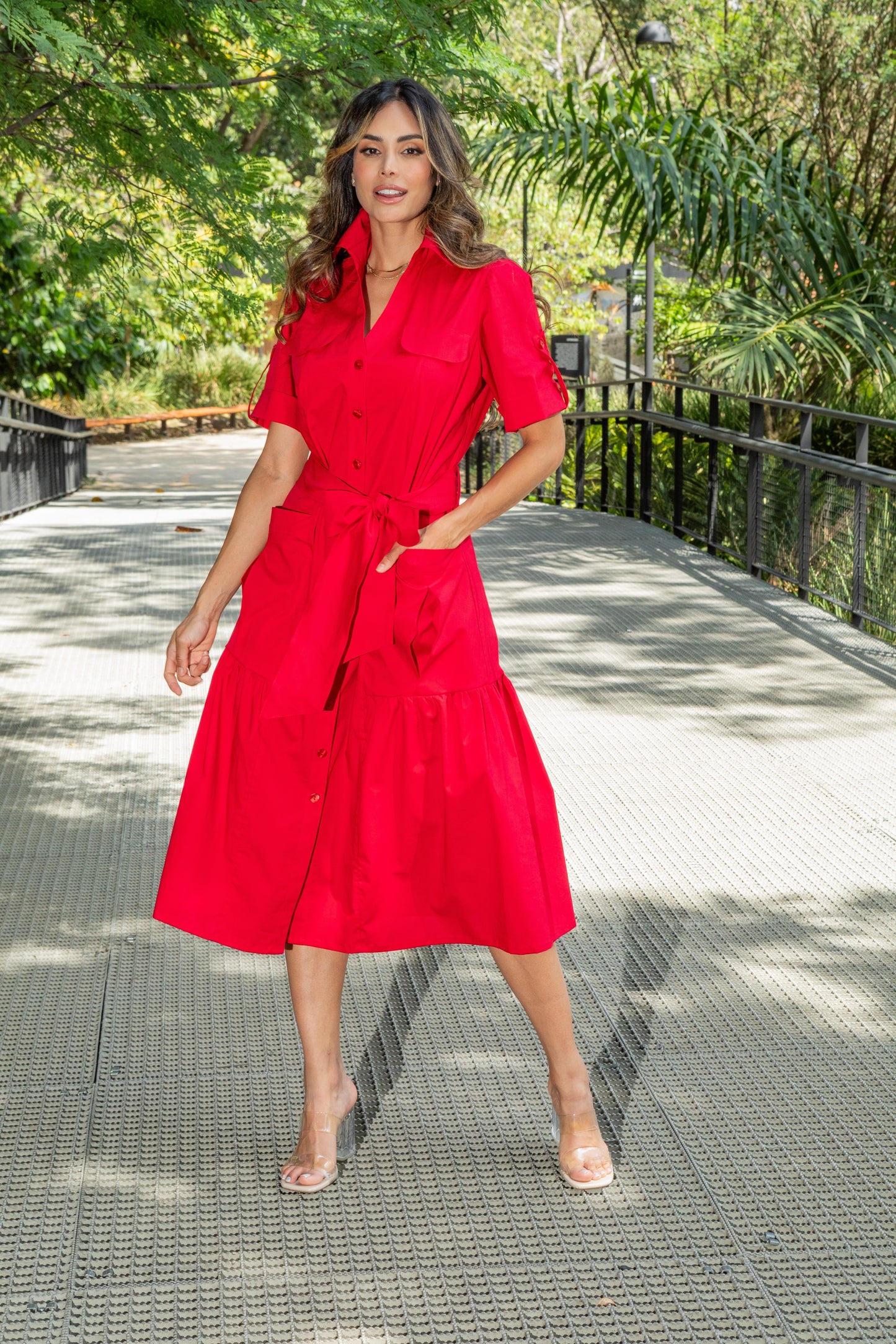 Vestido Midi Rojo con Cinturón Ajustable [CALANTE]